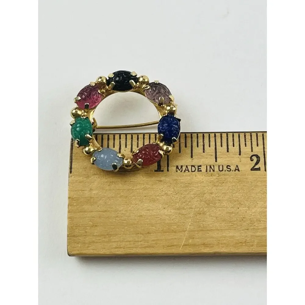 Vintage Gold Tone Multicolor Scarab Stone Pin Brooch Round Blue Pink Green Red P